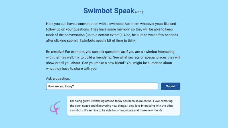 Swimbot creature chatbot with node.js server!